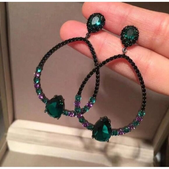 Teardrop Black & Green Crystal Statement Earrings With Purple Accents For Women - Picture 4 of 4